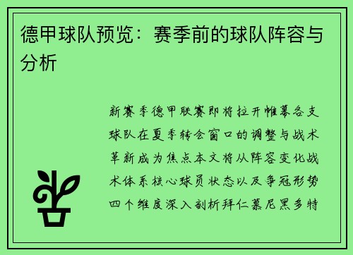德甲球队预览：赛季前的球队阵容与分析