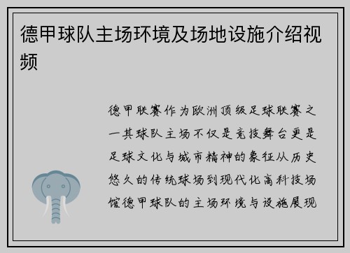 德甲球队主场环境及场地设施介绍视频